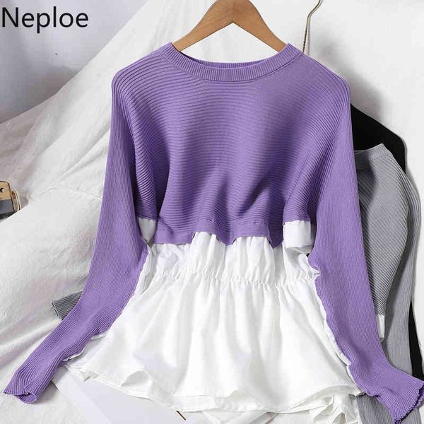 

neploe patchwork sweater women fake two temperament knitwear pullovers korean chic knit jumper o-neck long sleeve slim coat 210422, White;black