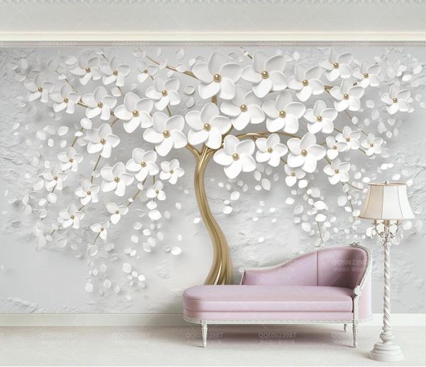 Carta da parati 3D personalizzata Murale 3D Fiori in bianco e nero Fiori albero TV sfondo Sfondo sfondo Tv sfondo della parete del fondo