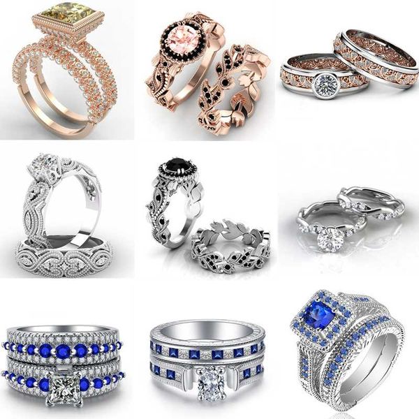 

wedding rings 12 style 2-in-1 fashion retro princess cut blue crystal ring cubic zirconia jewelry charm bridal engagement set, Slivery;golden