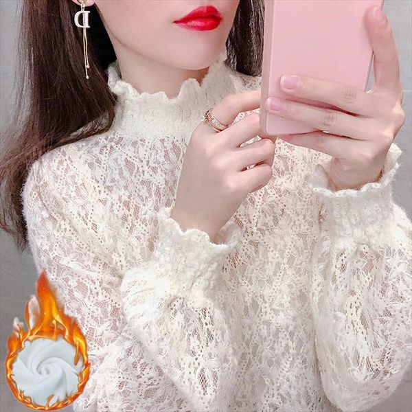 

turtleneck lace lantern sleeve autumn women blouses winter sweater mesh blusas ropa de mujer, White