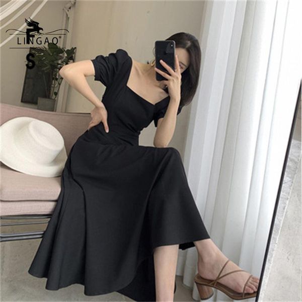 

casual dresses 2021 summer black dress square collar french vintage fashion temperament women puff sleeve long basic, Black;gray