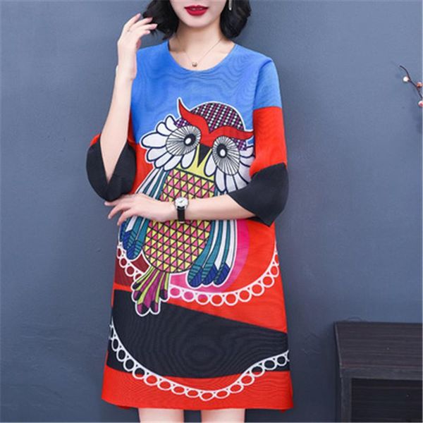 

miyake fold dress retro print mother female 2021 summer loose large size fat mm covering belly slimming casual dresses, Black;gray