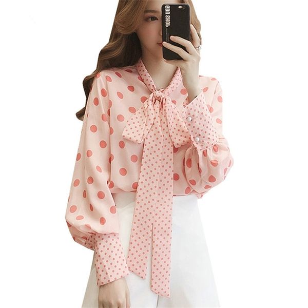 

autumn fall shirts women lantern sleeve chiffon blusas mujer casual bow polka dot sweet tie fashion pink blouses 210510, White
