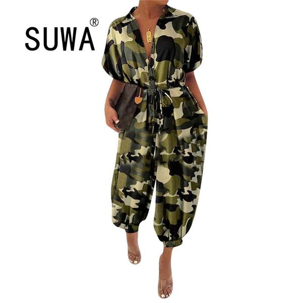 

gym clothing camouflage print casual bodysuits for women turn down collar long sleeve jumpsuit high street single-breasted baggy romper, White;black