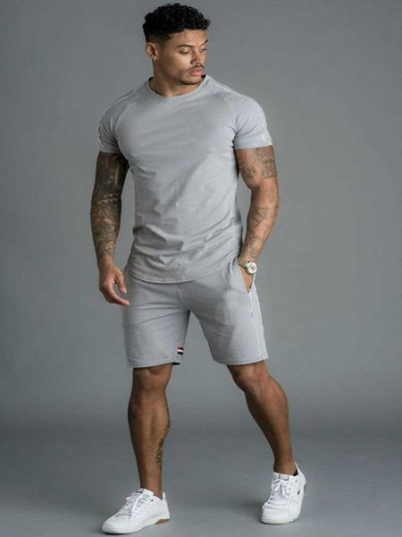 

new sports leisure men's short sleeve suit solid color stripe men's suit, Gray