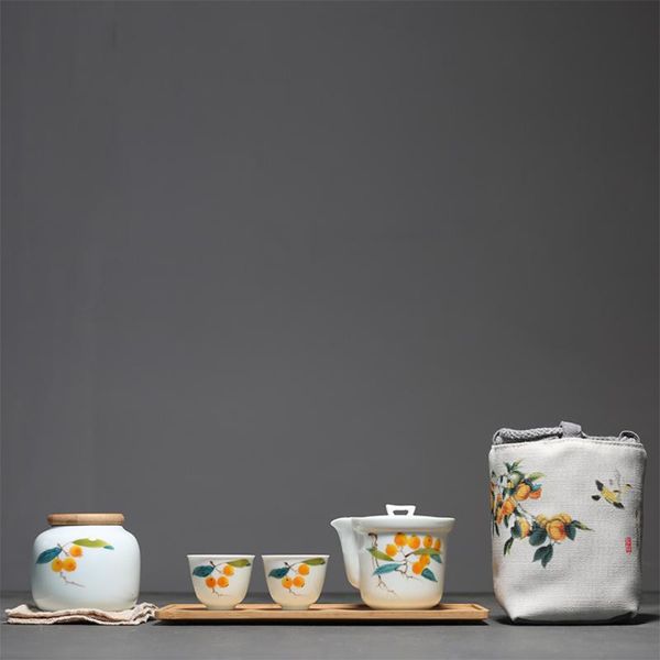 

cups & saucers chinese retro style printing outdoor travel tea set potable pot cup for home office picnic with a tray