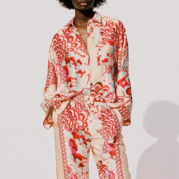 

women's blouses & shirts women 2021 summer print long sleeve button up shirt suit korean fashion casual streetswear pockets lapel blou, White
