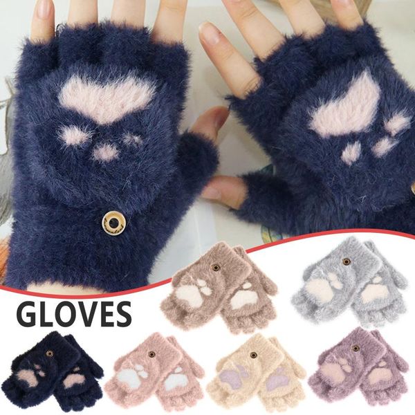 

five fingers gloves 2021 winter warm thickening cashmere knitted flip fingerless exposed finger thick without mittens glove, Blue;gray