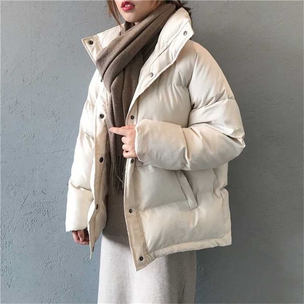 

fashion solid women's winter down jacket stand collar short single-breasted coat preppy style parka ladies chic outwear female 211216, Black