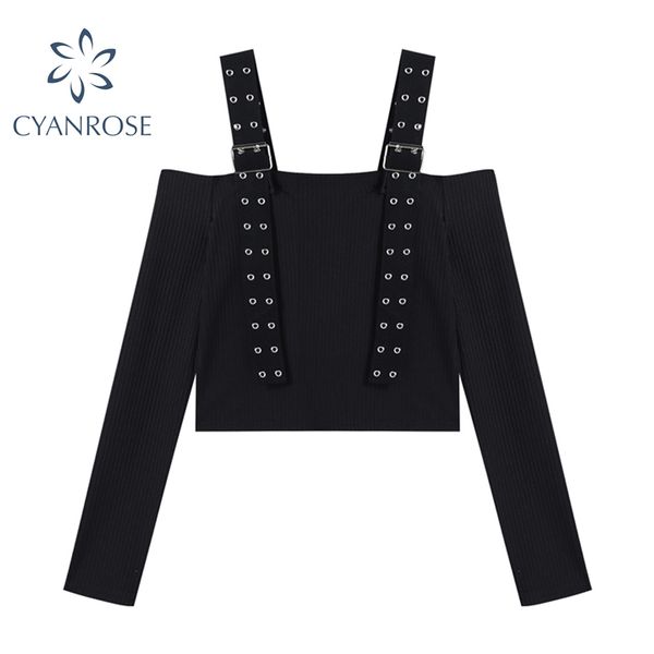 

suspenders bodycon crop t shirt women slash neck long sleeve tees female e-girl party club black slim elegant skinny 210417, White