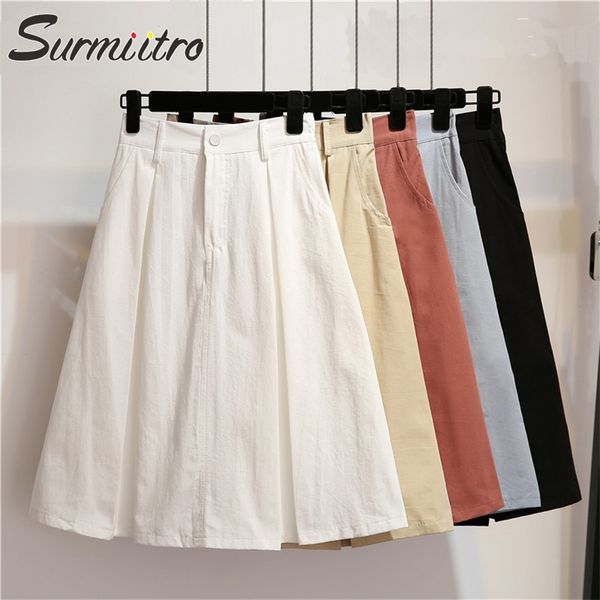 

solid midi skirt women spring summer knee length high waist school red blue black white a-line female 210421