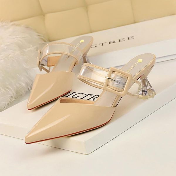

korean patent leather shallow mouth pointed crystal high heels transparent hollow word with belt buckle daily women's slippers, Black