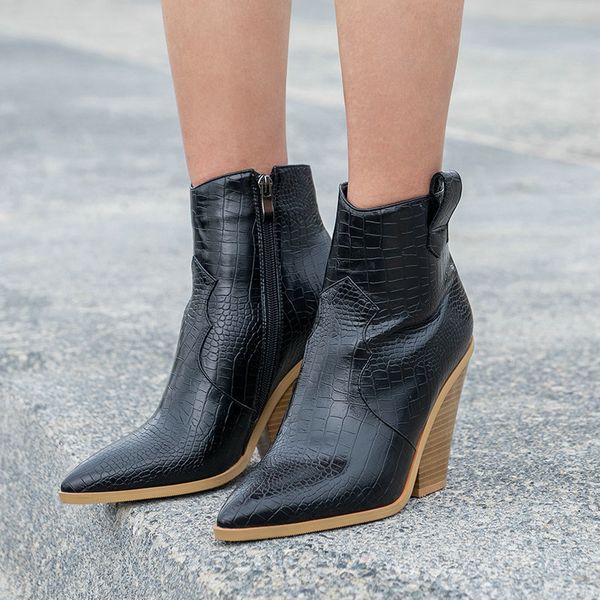 

dress shoes winter brand design ankle boots women zipper faux leather cowboy wedges heel snake print western booties woman vf00, Black