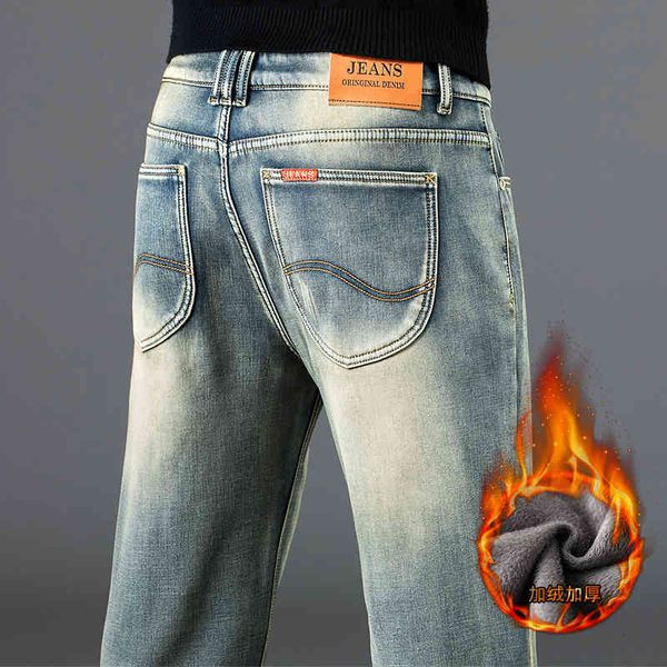 

men's jeans vintage winter fleece thick warm brand stretch jeans classic pocket youth men's fitted slim straight denim 2ct8, Blue