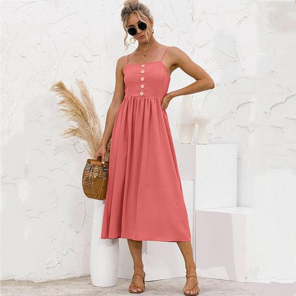 

casual dresses 2021 women elegant solid spaghetti strips sleeveless long dress ladies sling backless button beach vestidos female, Black;gray