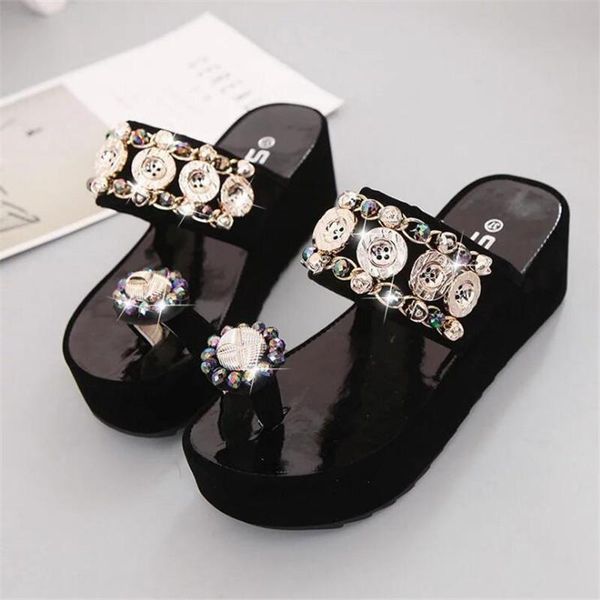 

slippers rhinestone women's shoes muffin thick bottom sandals womenfashion toe and slippers, outdoor banquet, Black