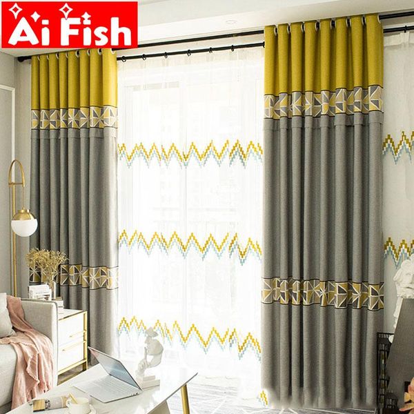 

yellow grey stitch geometric chenille blackout curtains for living bedroom fashion blue wave voile tulle drapes#4 curtain & drapes