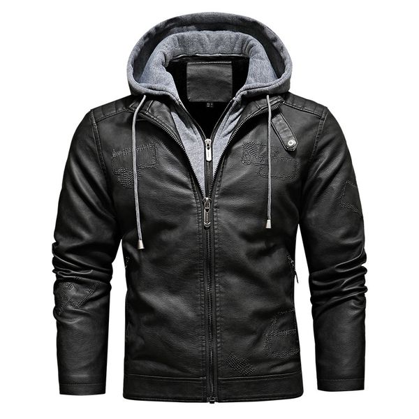 

hooded stitching motorcycle wind men's leather jacket high-quality stand-up collar retro comfortable windproof fashion travel commute, Black