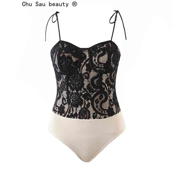 

summer lace stitching elastic slim sling lace-up bottoming bodysuit women mono mujer verano 210508, Black;white
