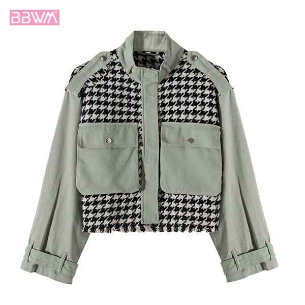 

houndstooth stitching small incense wind round neck pocket female coat korean harajuku army green fashion chic women's jacket 210507, Black;brown