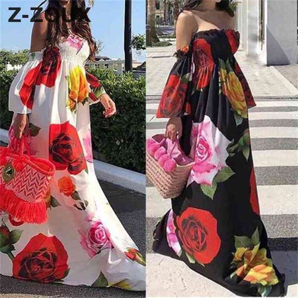 

women dress strapless large hem print es off the shoulder floral loose long summer es plus size maxi 210513, Black;gray