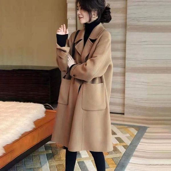 

women's wool & blends 2021 spring autumn woman woolen coat medium length windbreaker female solid clothing large long fashion jacket q1, Black