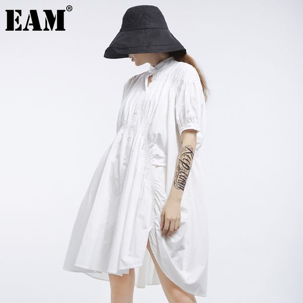 

[eam] spring summer stand collar short sleeve white irregular pleated stitch big size dress women fashion jt596 210512, Black;gray