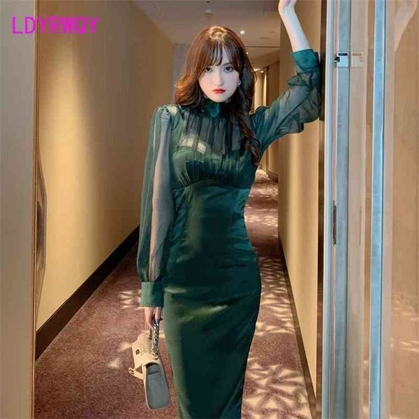 

ldyrwqy women's autumn perspective mesh stitching slim dress office lady sheath knee-length 210416, Black;gray