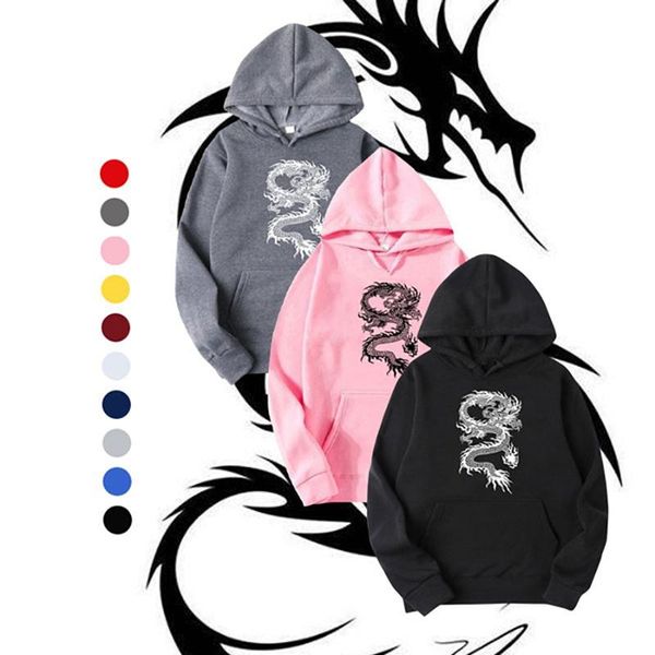 

men's hoodies & sweatshirts dragon print hoodie sweathshirts men women hooded pullover long sleeve couple spring and autumn, Black