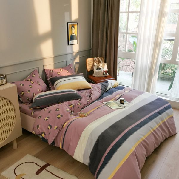

modern simple all thickened ground four piece set of striped plaid pure cotton bed sheet quilt cover bedding autumn and winter