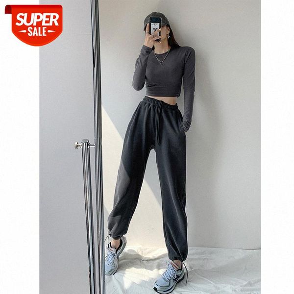 

fried street american loose sweatpants women's casual leggings pants plus velvet gray waist straight trend #4r8e, Black;white