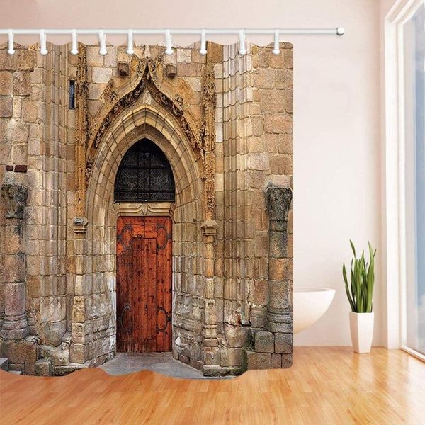 

shower curtains brown gothic stone arched gate brick door curtain for bathroom dÃ©cor