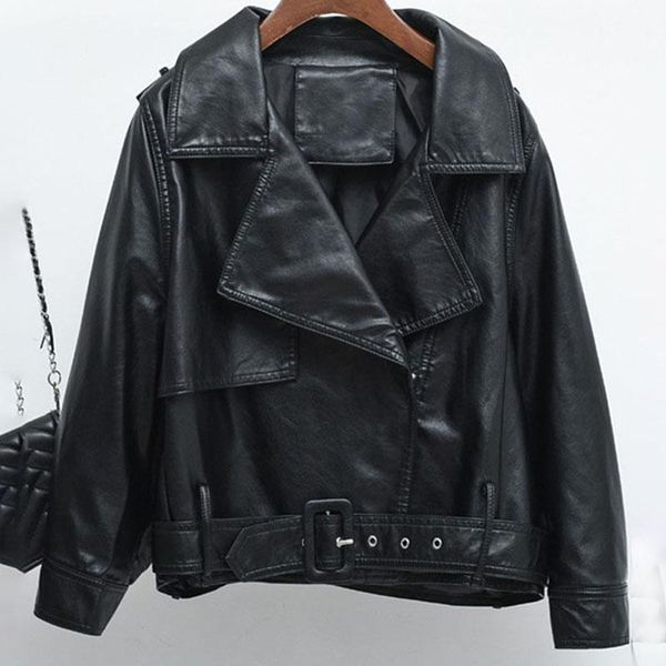 

women's jackets loose women leather jacket coat fashion punk motorcycle short 2021 belt autumn winter crop female cdr2167, Black;brown