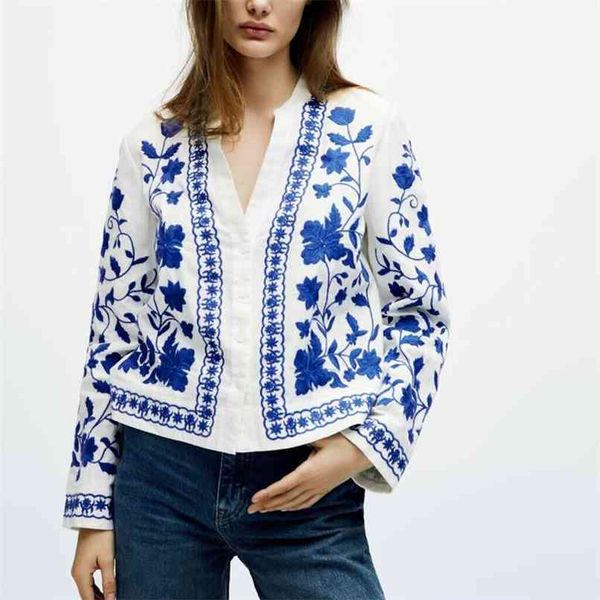 

spring and summer women's casual flower print v-neck long-sleeved shirt 210430, White