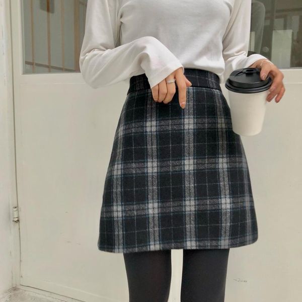 

skirts chic high waist retro checkered woolen skirt, Black