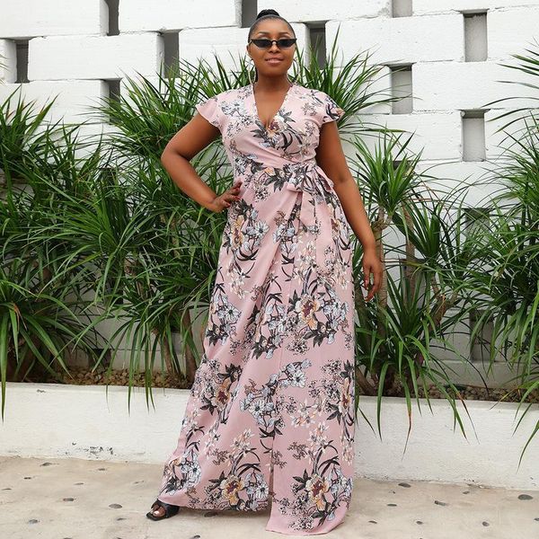 

plus size dresses euro-american summer ladies waist-strap with crushed flowers v collar open fork large women's chiffon dress, Black