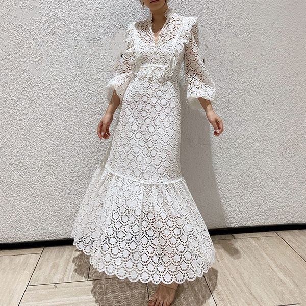 

women white embroidery patchwork lace hollow dress stand long sleeve loose fit fashion tide summer 7d00445 210421, Black;gray