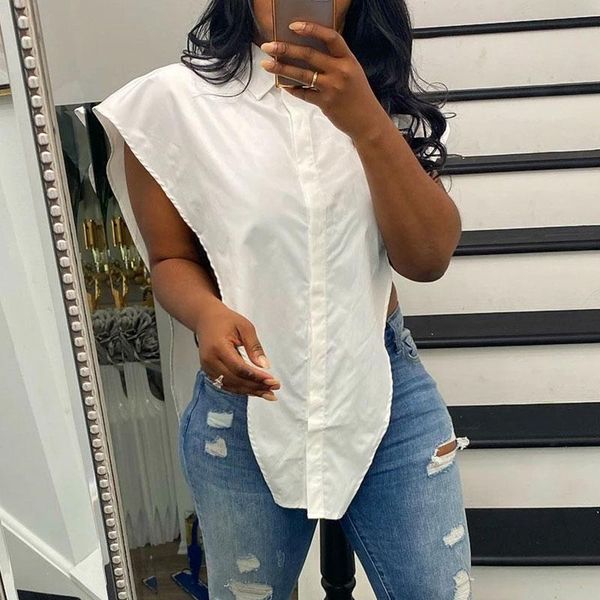 

women's blouses & shirts summer women casual loose solid special design turn-down collar irregular white button plain sleeveless shirt