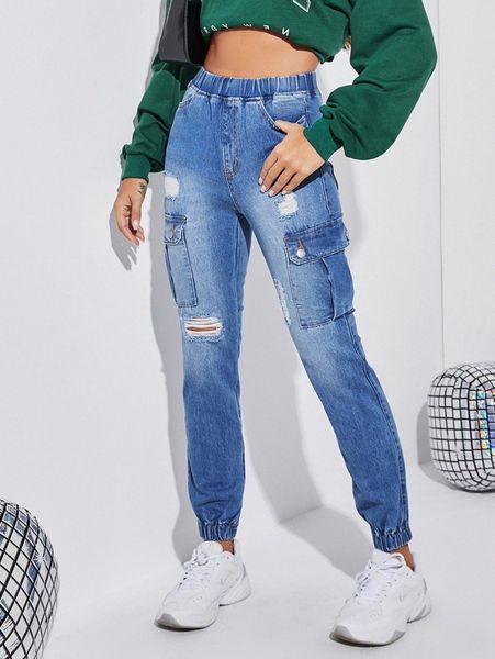

flap pocket high waist ripped jeans b6m8#, Blue