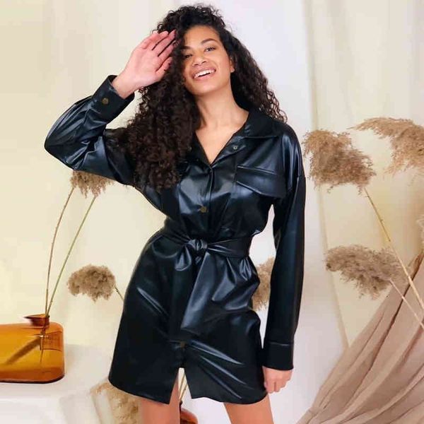 

dresses casual front button sashes pockets long sleeve turn down collar solid straight mini 2021 spring women dress, Black;gray