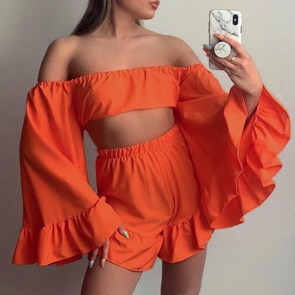 

women's tracksuits hirigin two piece set off shoulder long sleeve crop and ruffled shorts sets boho vacation outfits for women, Gray