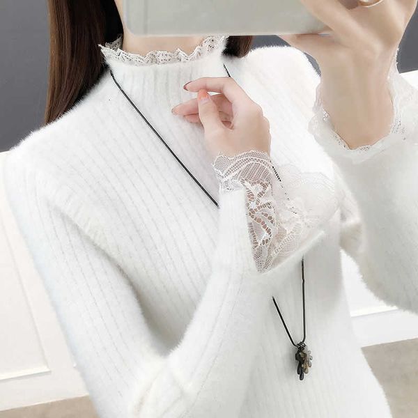 

women's sweaters autumn spring basic sweater for women office ladies slim solid female pullovers knitted turtleneck with lace pull casu, White;black