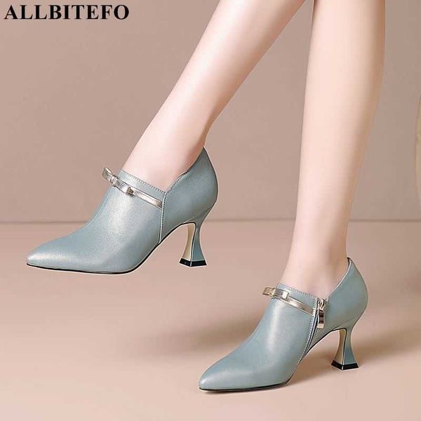 

allbitefo size 33-43 bow design genuine leather high heels sky blue stiletto pumps fashion women heels basic shoes 210611, Black