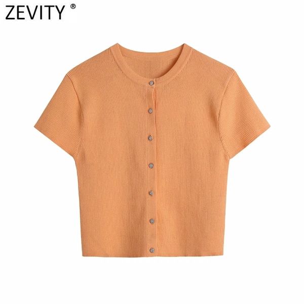 Zevity Frauen Einfach O Hals Kurzarm Orange Farbe Kurze Strickpullover Weibliche Chic Diamant Knöpfe Strickjacken Mantel Tops SW807 210805