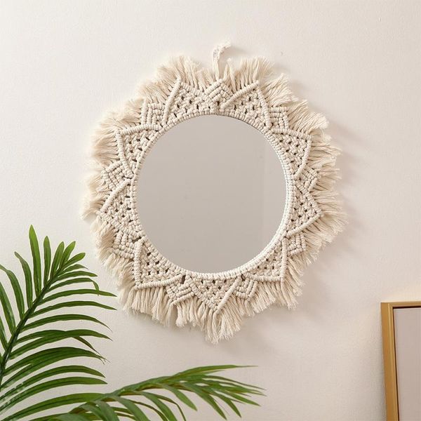 

mirrors qx2e macrame hanging wall mirror nordic bohemian handmade woven cotton rope braided fringe tassel makeup tapestry
