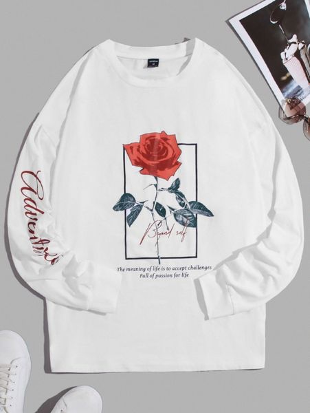 

men rose & slogan graphic sweatshirt c19y#, White;black