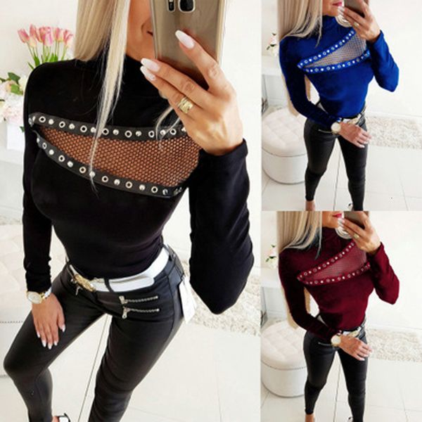

sweaters elegant lady sweaters corn eye patchwork design lace decor see through high collar long sleeve solid slim streetwear shirts, White;black