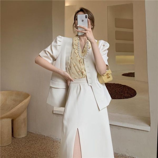 

two piece dress office ladies skirt suit set beige summer outfit 2 women v-neck short sleeve blazer front split elegant suits, White