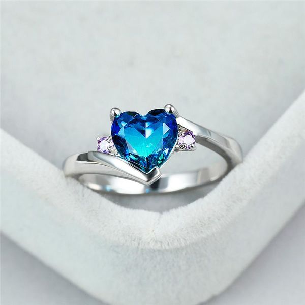 

wedding rings luxury female crystal blue stone ring classic silver color thin for women charm zircon love heart engagement, Slivery;golden