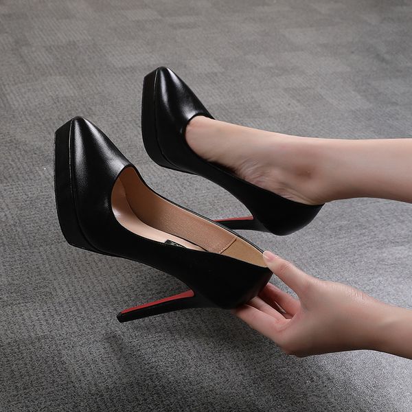 

2021 women pumps matte leather women shoes pointed toe super thin high heel platform ladies wedding pumps size 34-39, Black